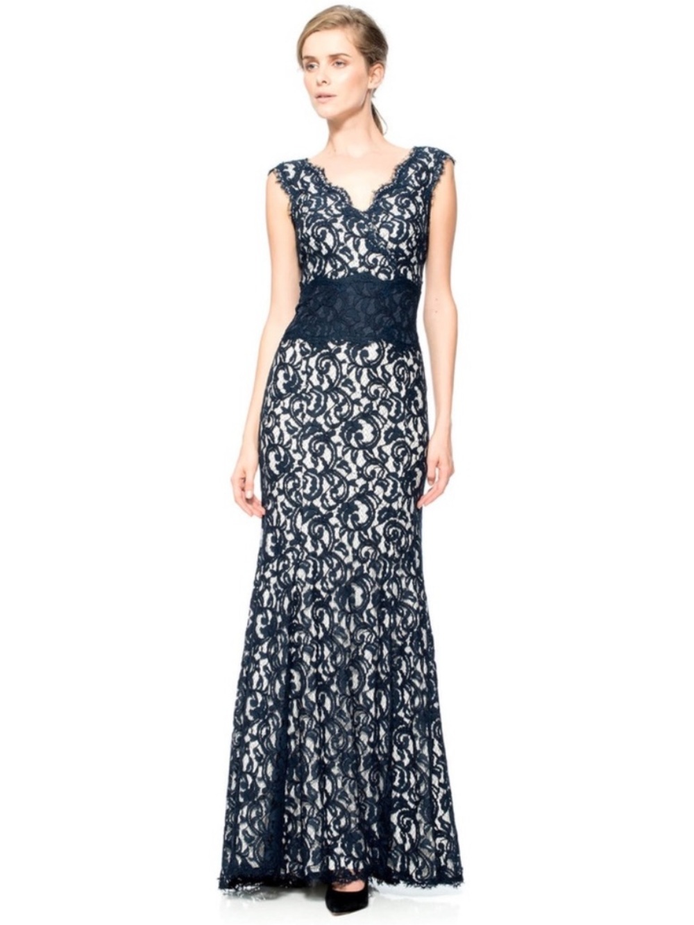 TADASHI SHOJI Contrast Lace Waist Gown Evening Floor Length Formal Navy Size 4